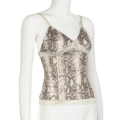 Snake print v neck lace hem cami top