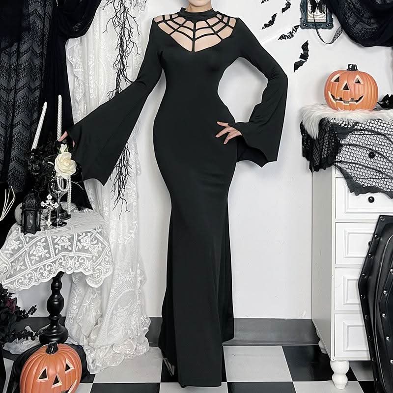 Long flared sleeve hollow out crewneck cut out maxi dress