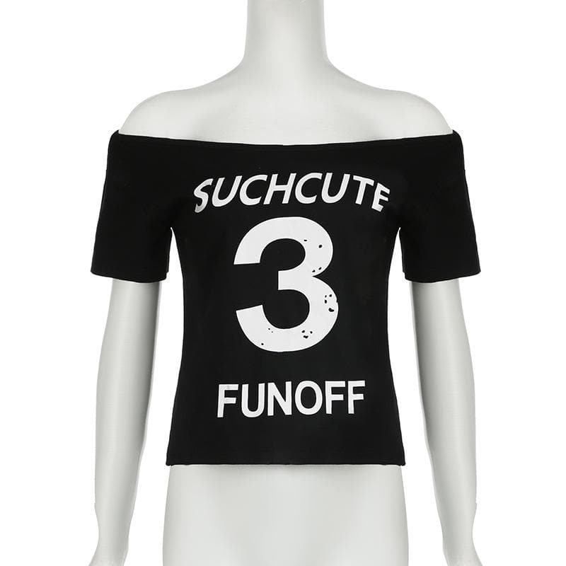 Short sleeve letter print off shoulder contrast top
