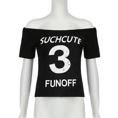 Short sleeve letter print off shoulder contrast top