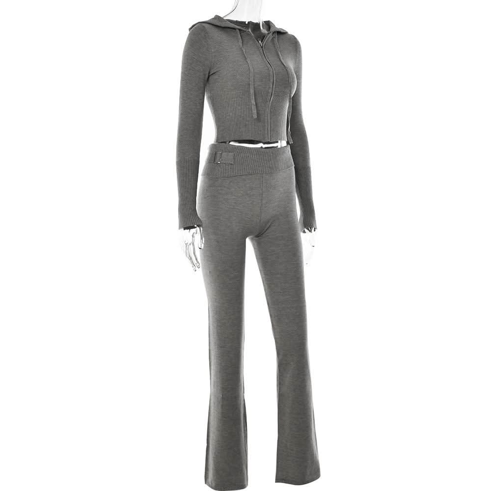 Long sleeve zip-up hoodie drawstring solid pant set