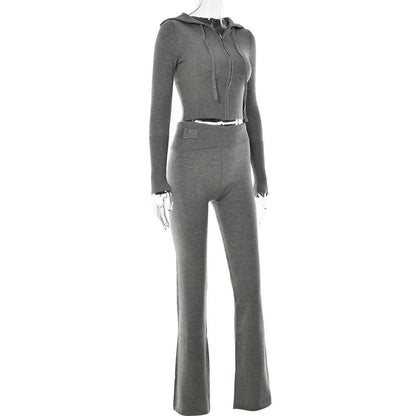 Long sleeve zip-up hoodie drawstring solid pant set
