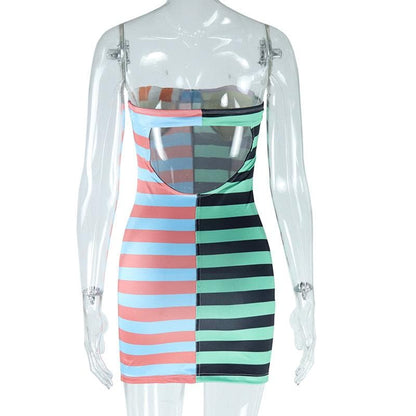 Striped print padded stitch contrast tube mini dress