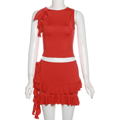Crewneck ruffle solid self tie mini skirt set