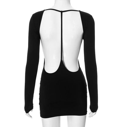 Long sleeve crewneck backless mini dress