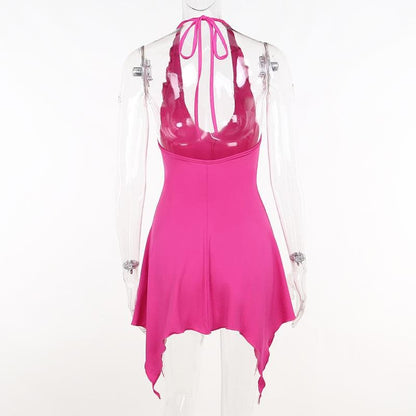 Halter flower applique backless ruffle u neck solid mini dress