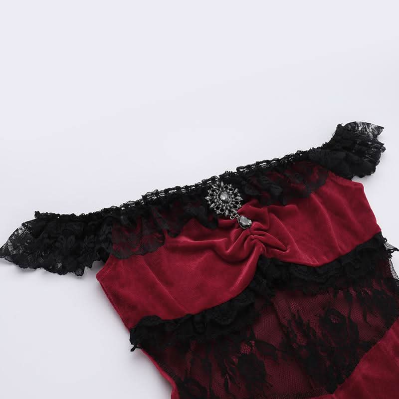 Off shoulder lace hem slit velvet metal applique ruched maxi dress