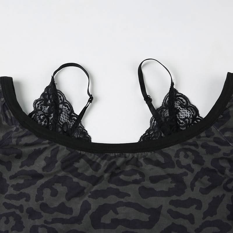 Leopard print long sleeve lace hem off shoulder top