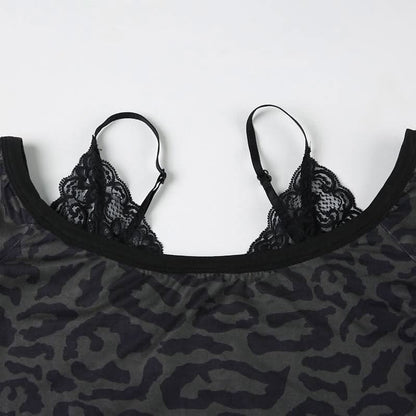 Leopard print long sleeve lace hem off shoulder top
