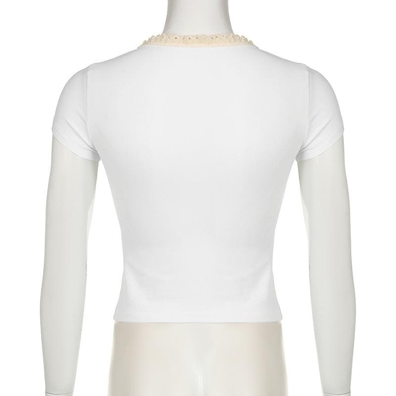Short sleeve ribbon lace hem bowknot top