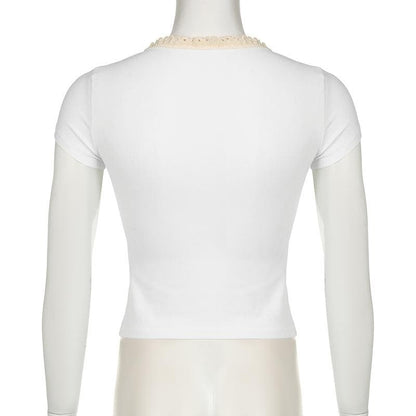 Short sleeve ribbon lace hem bowknot top