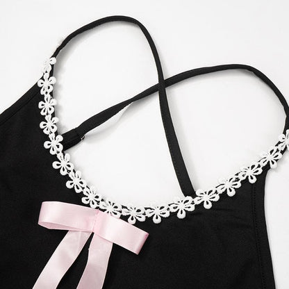 Bowknot ribbon lace hem u neck cross back backless cami mini dress