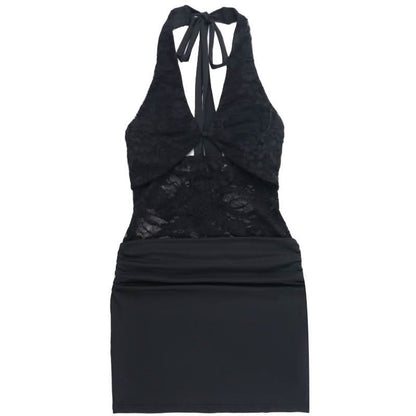 Halter self tie hollow out lace ruched cut out mini dress