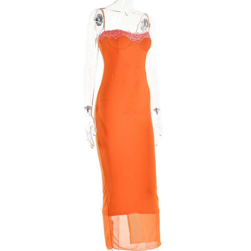 Lace hem patchwork mesh slit cami midi dress