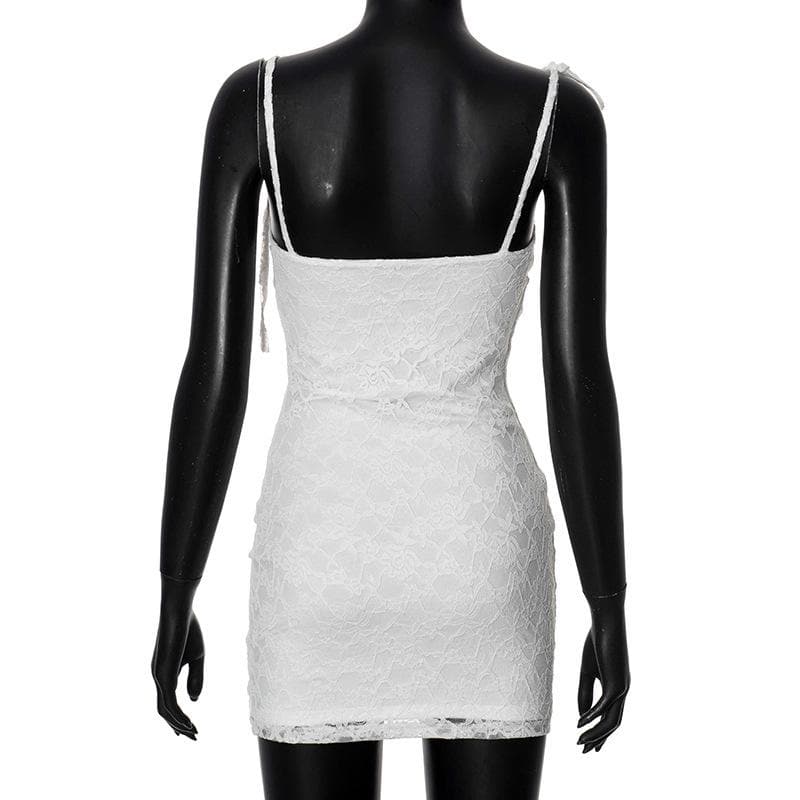 U neck lace self tie flower applique cami mini dress