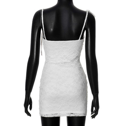 U neck lace self tie flower applique cami mini dress