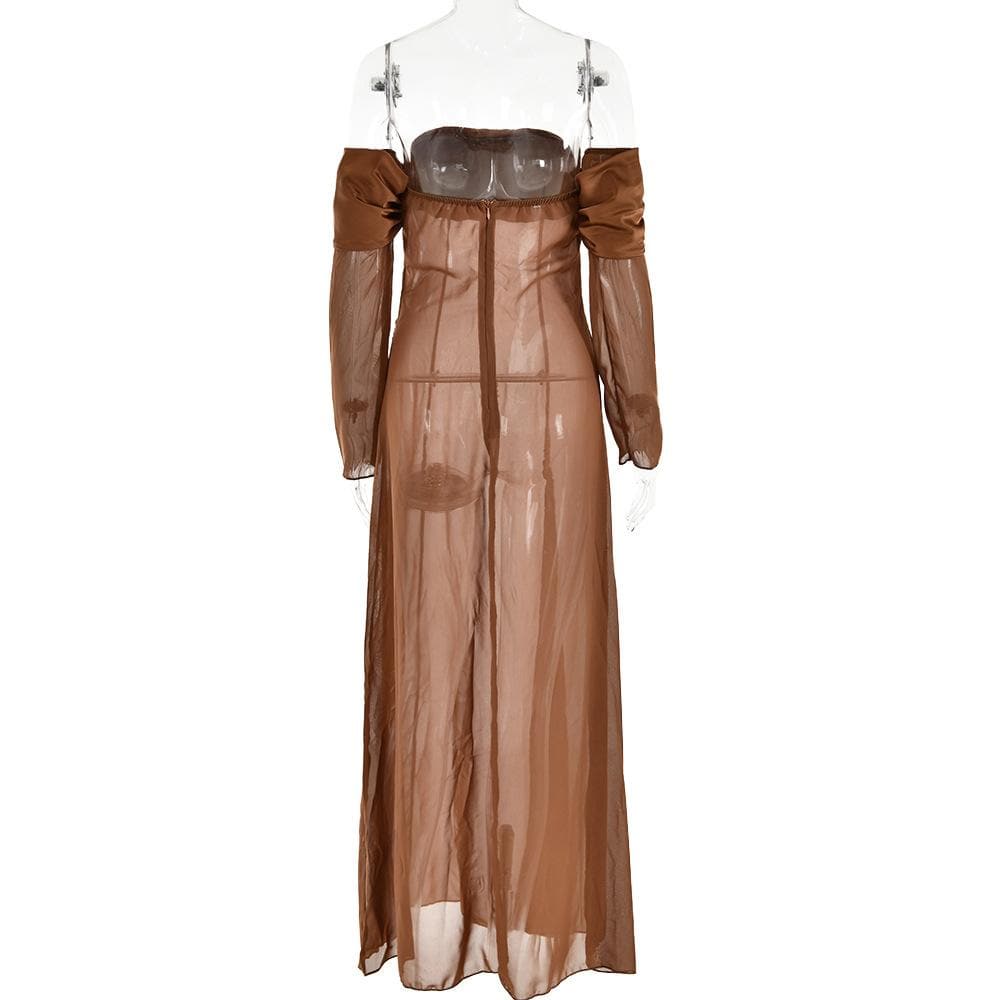 Long sleeve off shoulder ruched see through mesh maxi dress- Final Sale