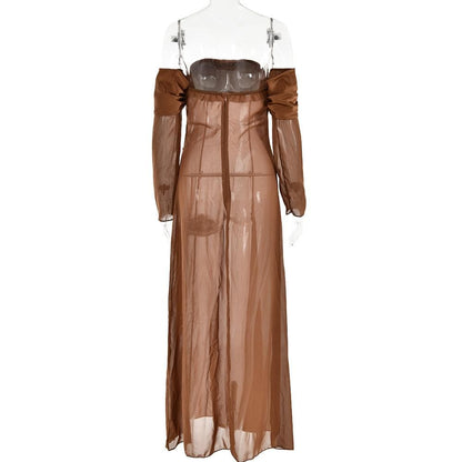 Long sleeve off shoulder ruched see through mesh maxi dress- Final Sale