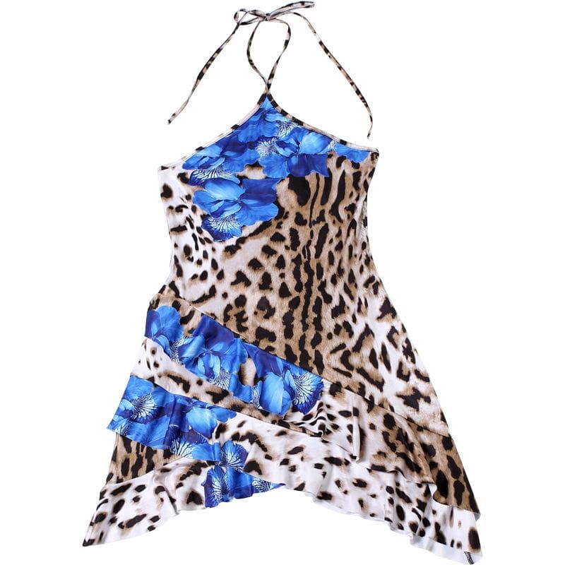 Halter leopard print ruffle backless mini dress