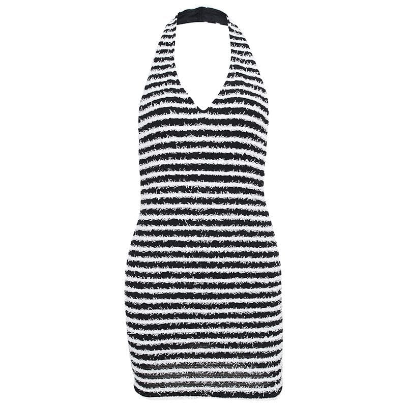 Contrast Striped Fuzzy Knit Halter Neck Backless Bodycon Mini Dress