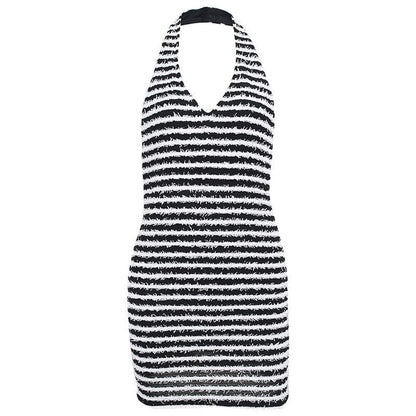 Contrast Striped Fuzzy Knit Halter Neck Backless Bodycon Mini Dress