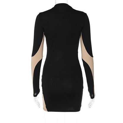 Mock Neck Mesh Panel Geometric Patchwork Long Sleeve Mini Dress