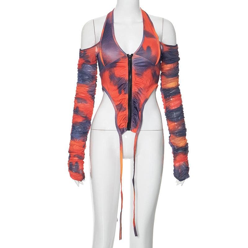 Halter long sleeve off shoulder zip-up ruched top