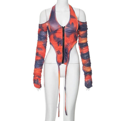 Halter long sleeve off shoulder zip-up ruched top