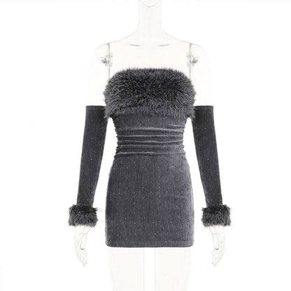 Fluffy gloves beaded tube mini dress
