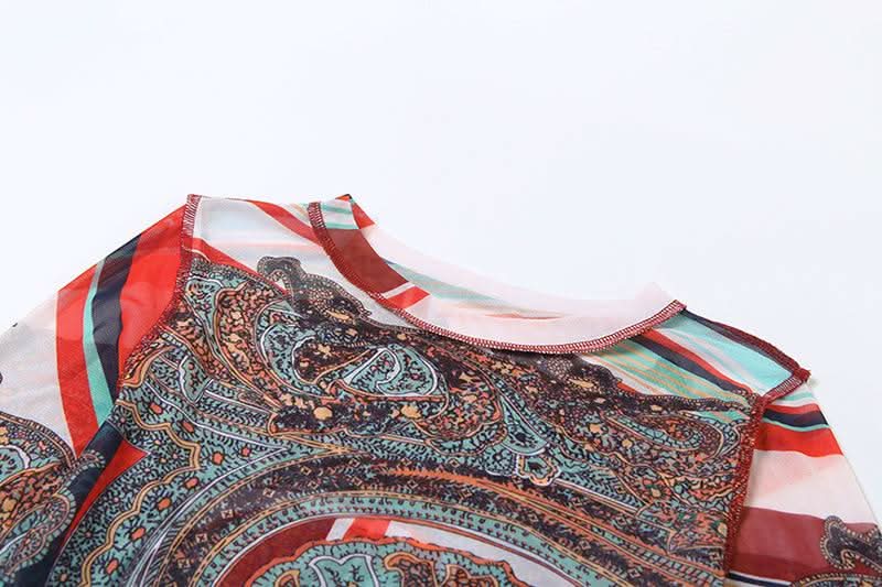 Long sleeve crewneck mesh abstract print top