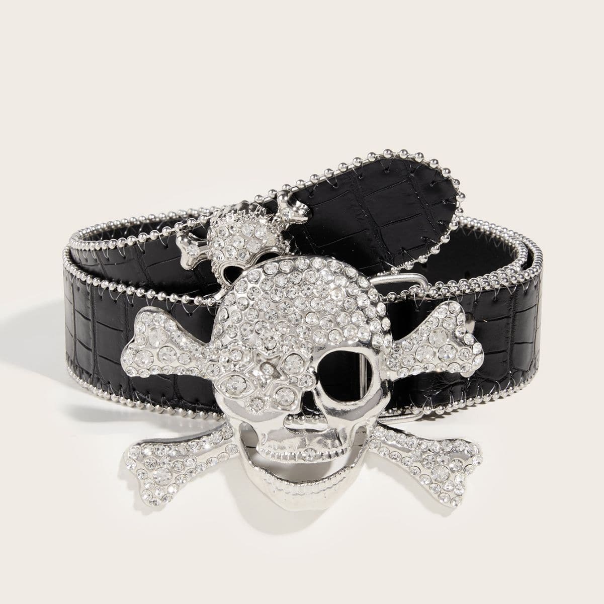 Skull decor rhinestone contrast belt