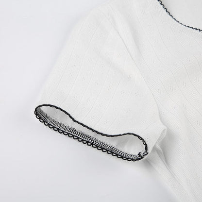 Short sleeve lace up textured lace hem top