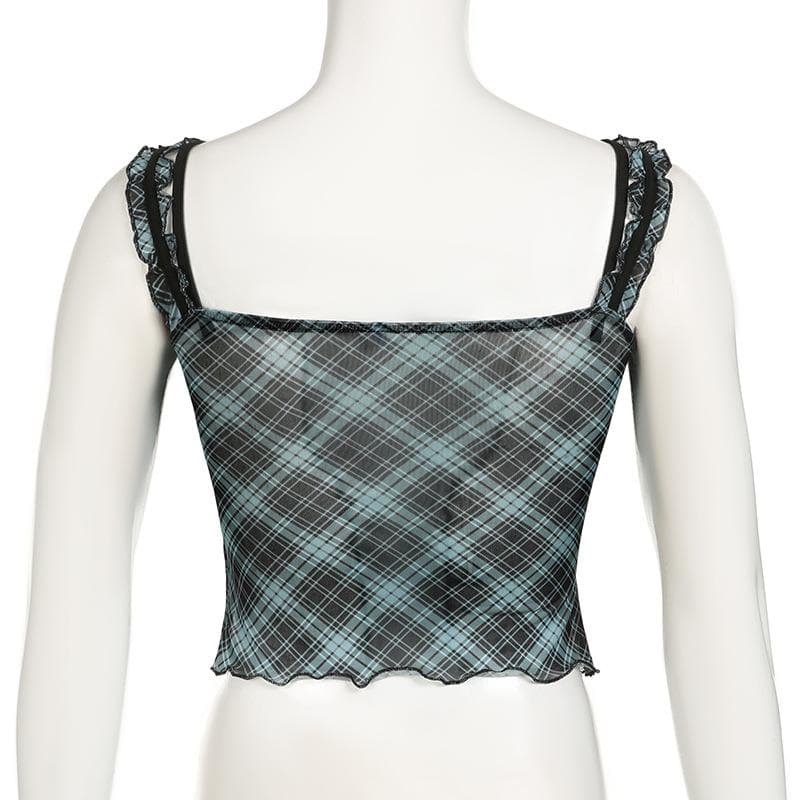 Plaid lace hem patchwork stitch mesh ruffle cami top