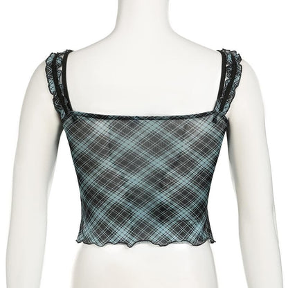 Plaid lace hem patchwork stitch mesh ruffle cami top