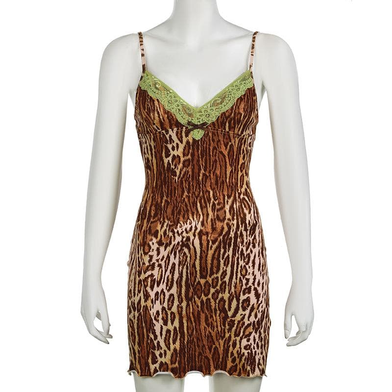 Leopard print lace hem bowknot cami mini dress