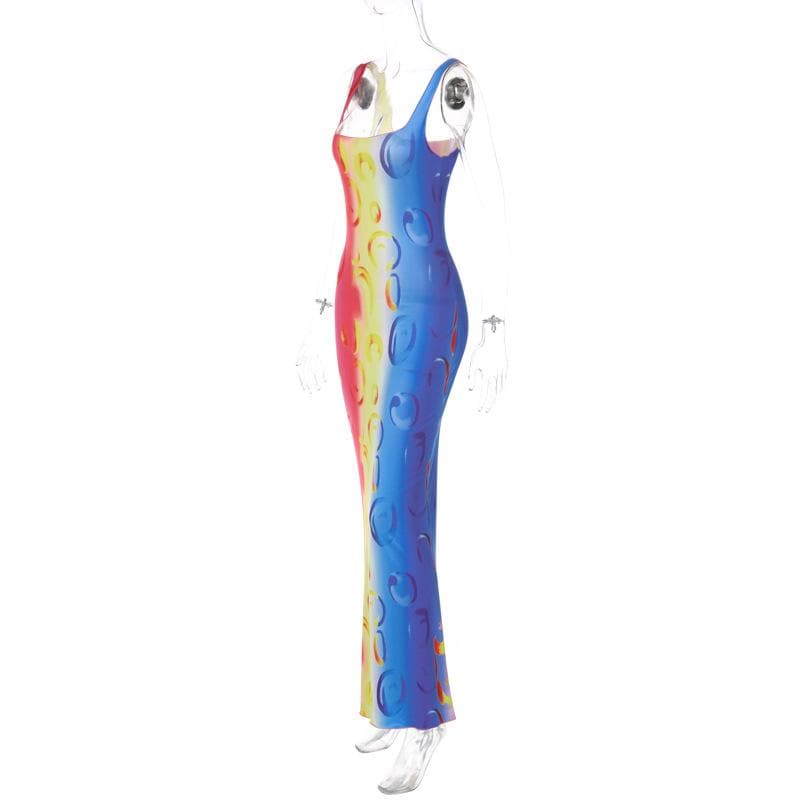 Abstract Bubble Ring Print Scoop Neck Bodycon Midi Dress