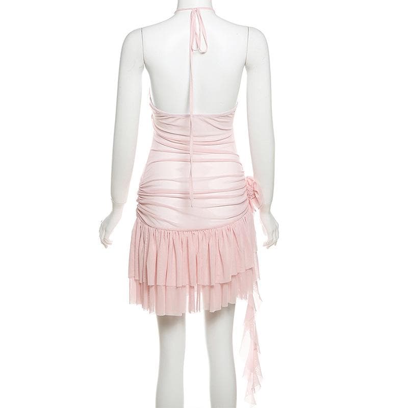 Halter sheer mesh ruffle flower applique mini dress
