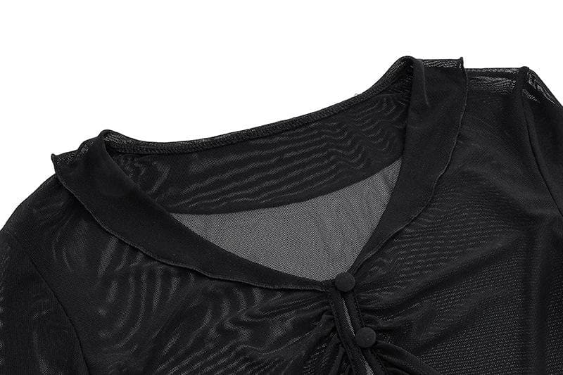 Sheer mesh see through button hollow out long sleeve crop cut out top