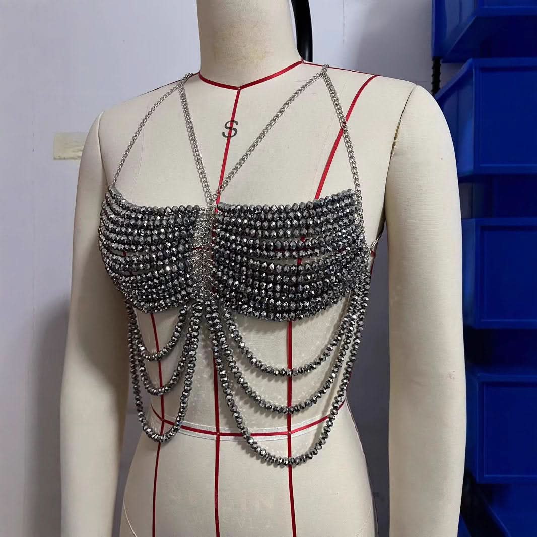 Beaded metal chain hollow out cami cut out top