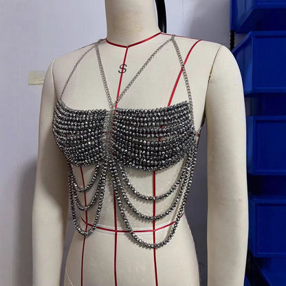 Beaded metal chain hollow out cami cut out top