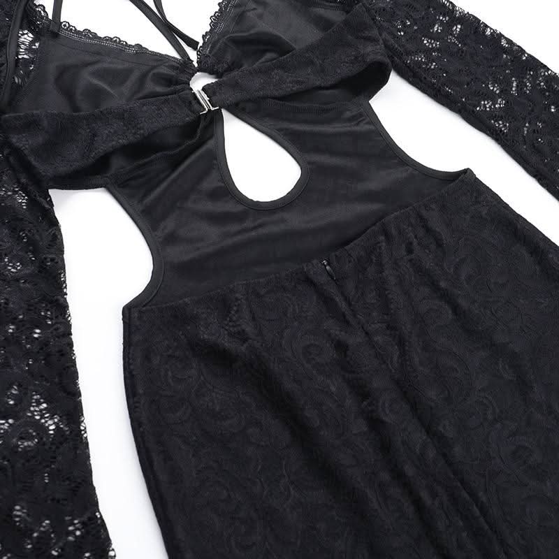 Halter long sleeve lace hollow out o ring cut out mini dress