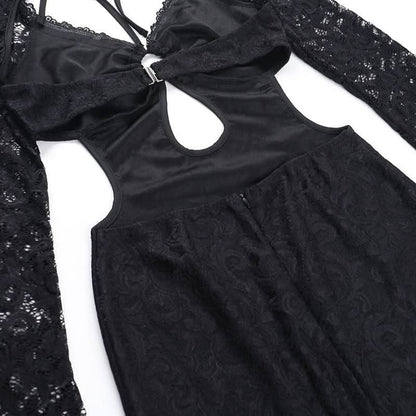 Halter long sleeve lace hollow out o ring cut out mini dress