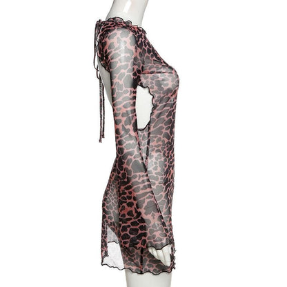 Sheer mesh leopard print contrast see through self tie backless mini dress