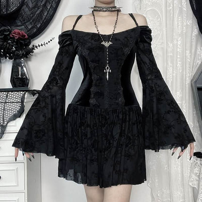 Off shoulder long flared sleeve velvet mini dress