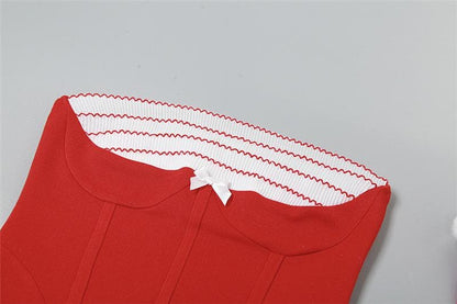 Contrast patchwork gloves fluffy ruffle backless tube mini dress-final-sale