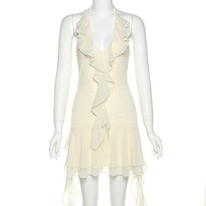 Halter backless v neck ruffle mini dress