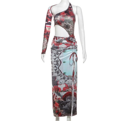 Irregular print contrast drawstring ruched high slit hollow out cut out maxi dress