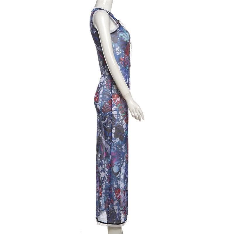 Sleeveless crewneck lace up print sheer mesh maxi dress-final-sale