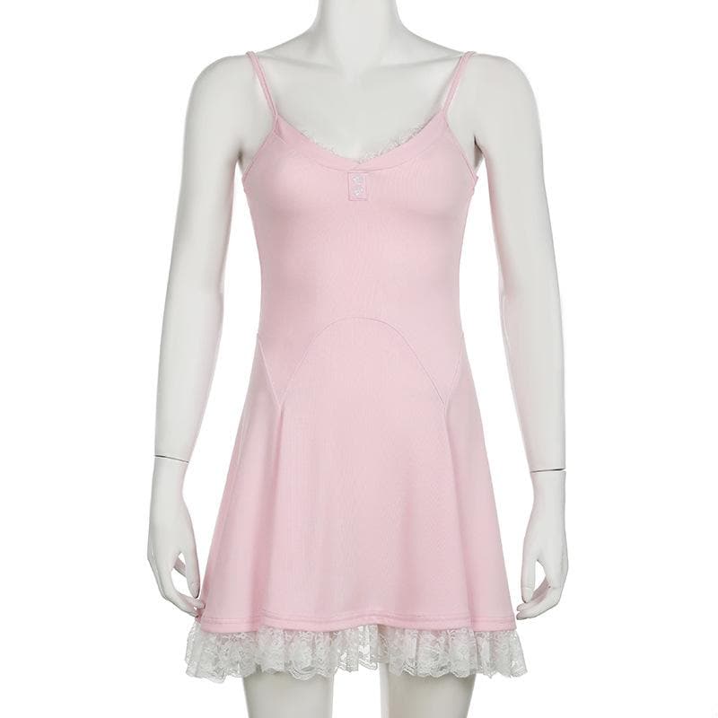 V neck lace hem ruffle cami mini dress