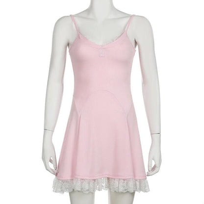 V neck lace hem ruffle cami mini dress